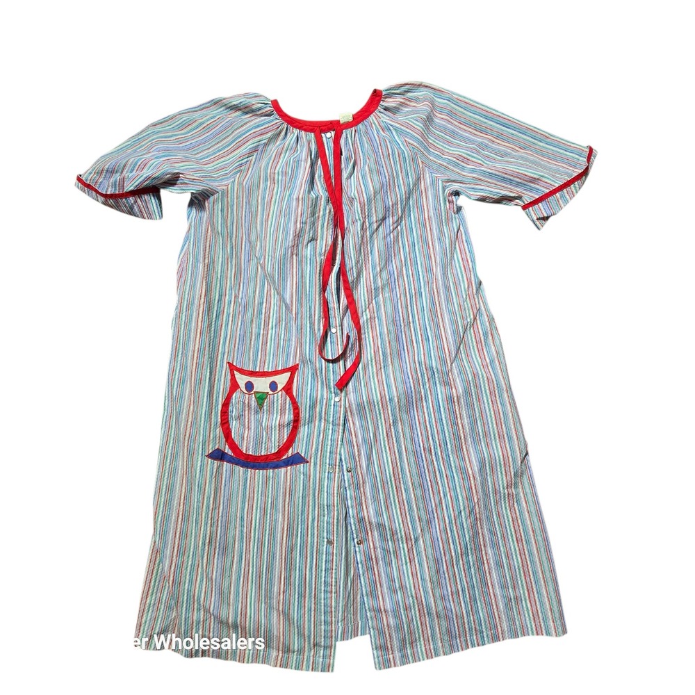 Vintage Womens Owl Print Button Front Lounger Robe Short Sleeve House‎ Dress